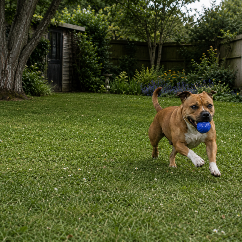 A stimulated Staffordshire Bull Terrier who is no longer bored