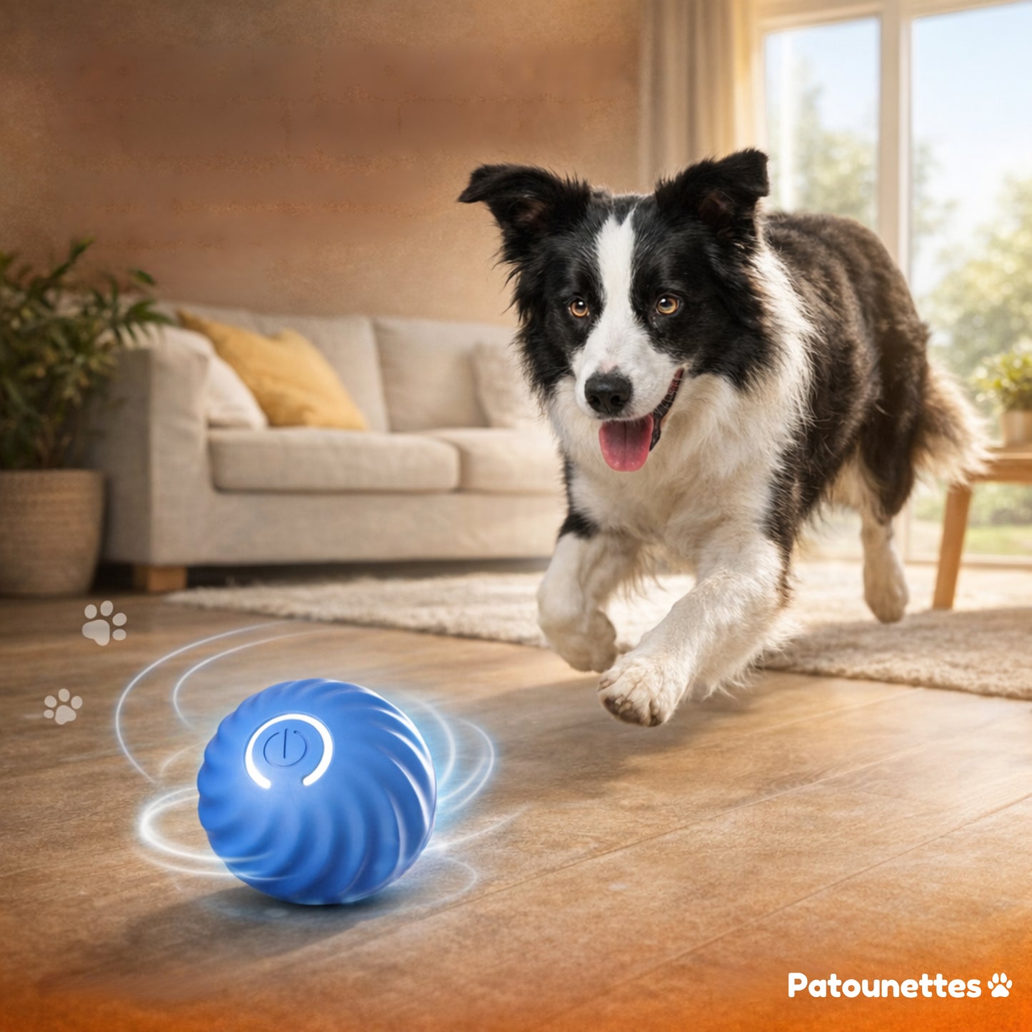 Dog playing with the automatic ball from Patounettes