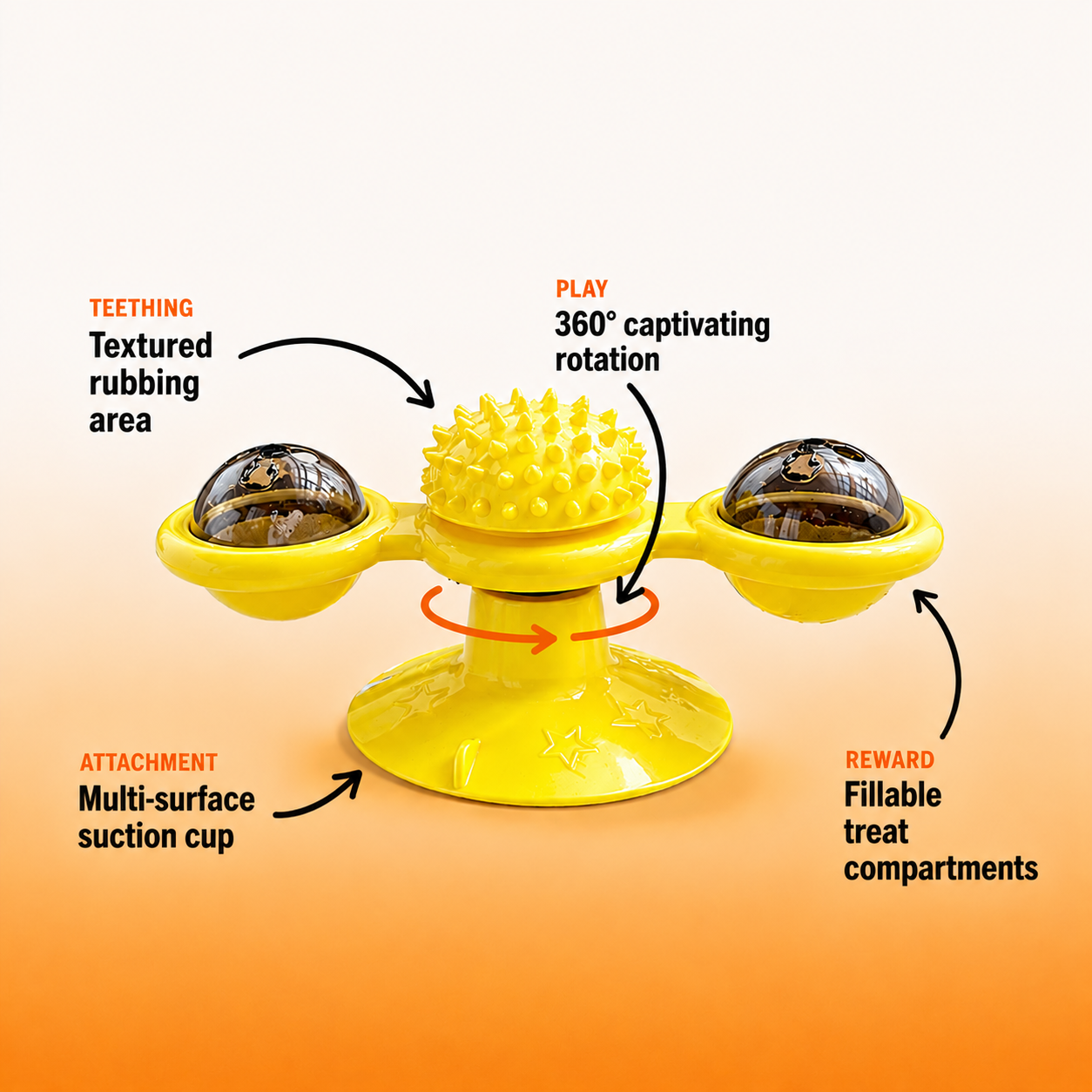 Rotating cat toy for stimulation and attention with little paws