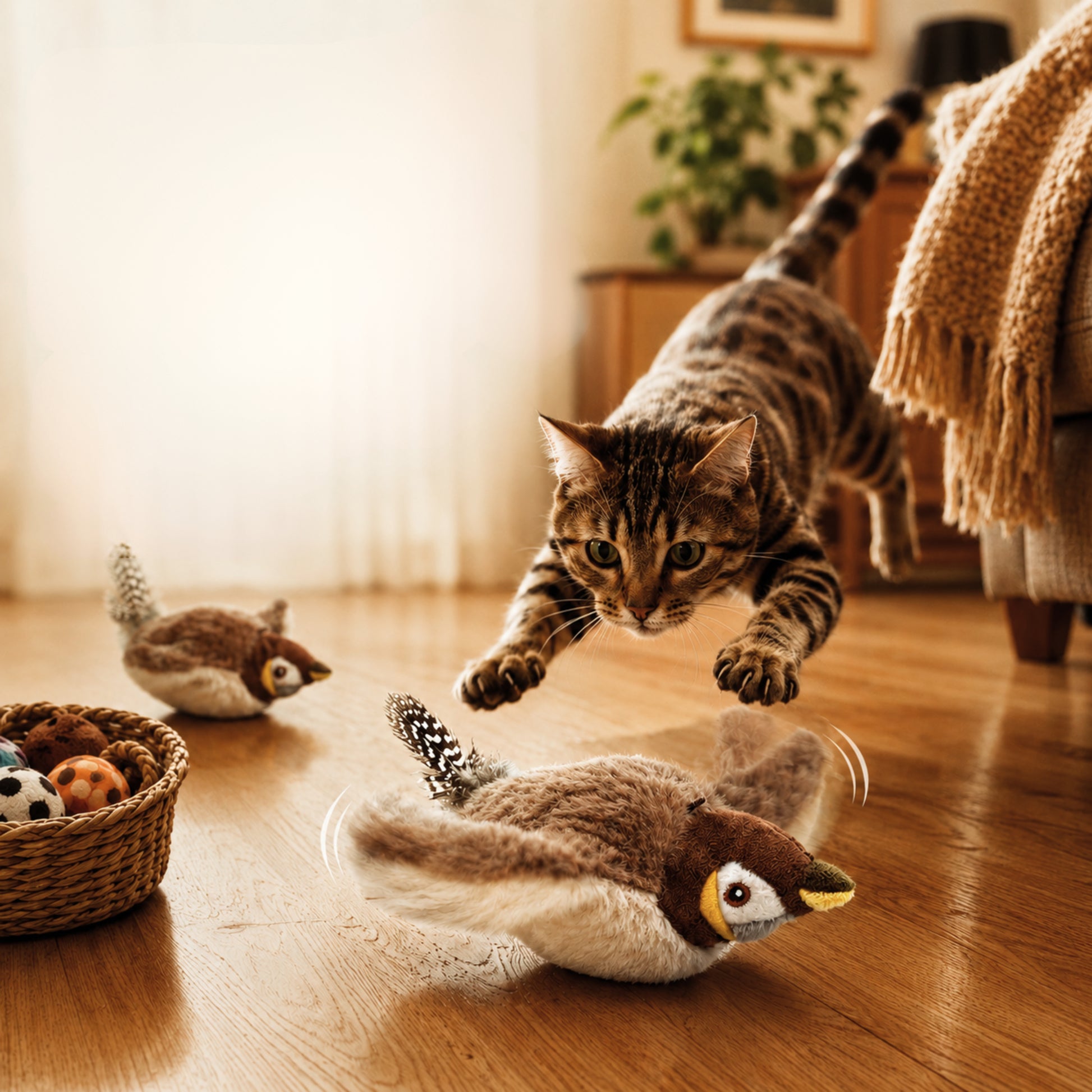 Stimulated cat playing with the interactive bird Voltigo from Patounettes