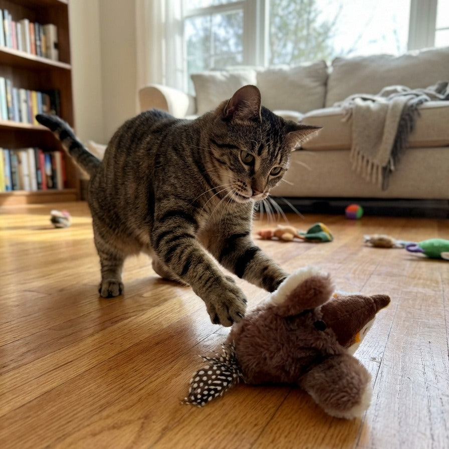 Stimulated cat playing with the interactive bird from Patounettes